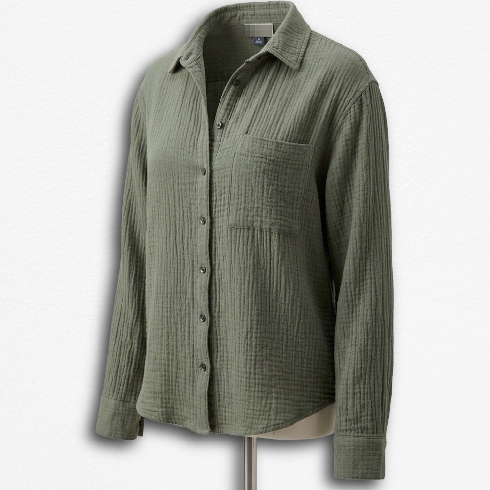 Caslon Women Olive Green Double Gauze Cotton Button Down Shirt Size Medium